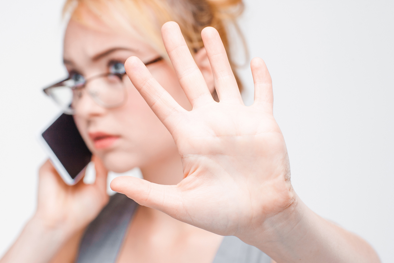 Business Woman Busy Phone Wait Five Minutes Gesture Palm Free space Concept